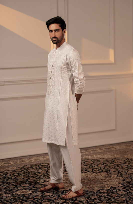 HSY designer kurta for male from Pakistan-Elegant Classic White embroidered kurta shalwar for men, front design view.