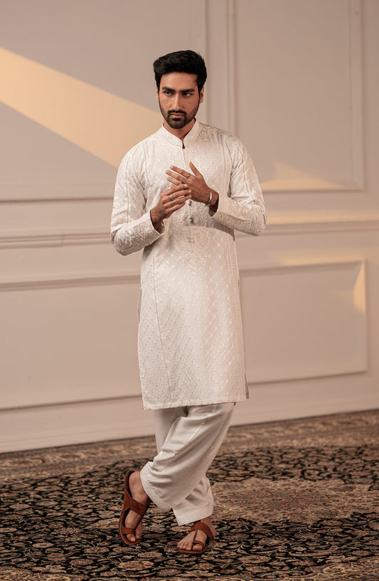 Pakistani designer kurta for male-Full outfit view of Classic White embroidered kurta shalwar set.