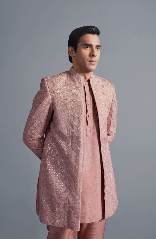 Coral Pink - Cotton Net Short Sherwani Set-Elegant coral pink cotton net sherwani set with traditional design, front view.