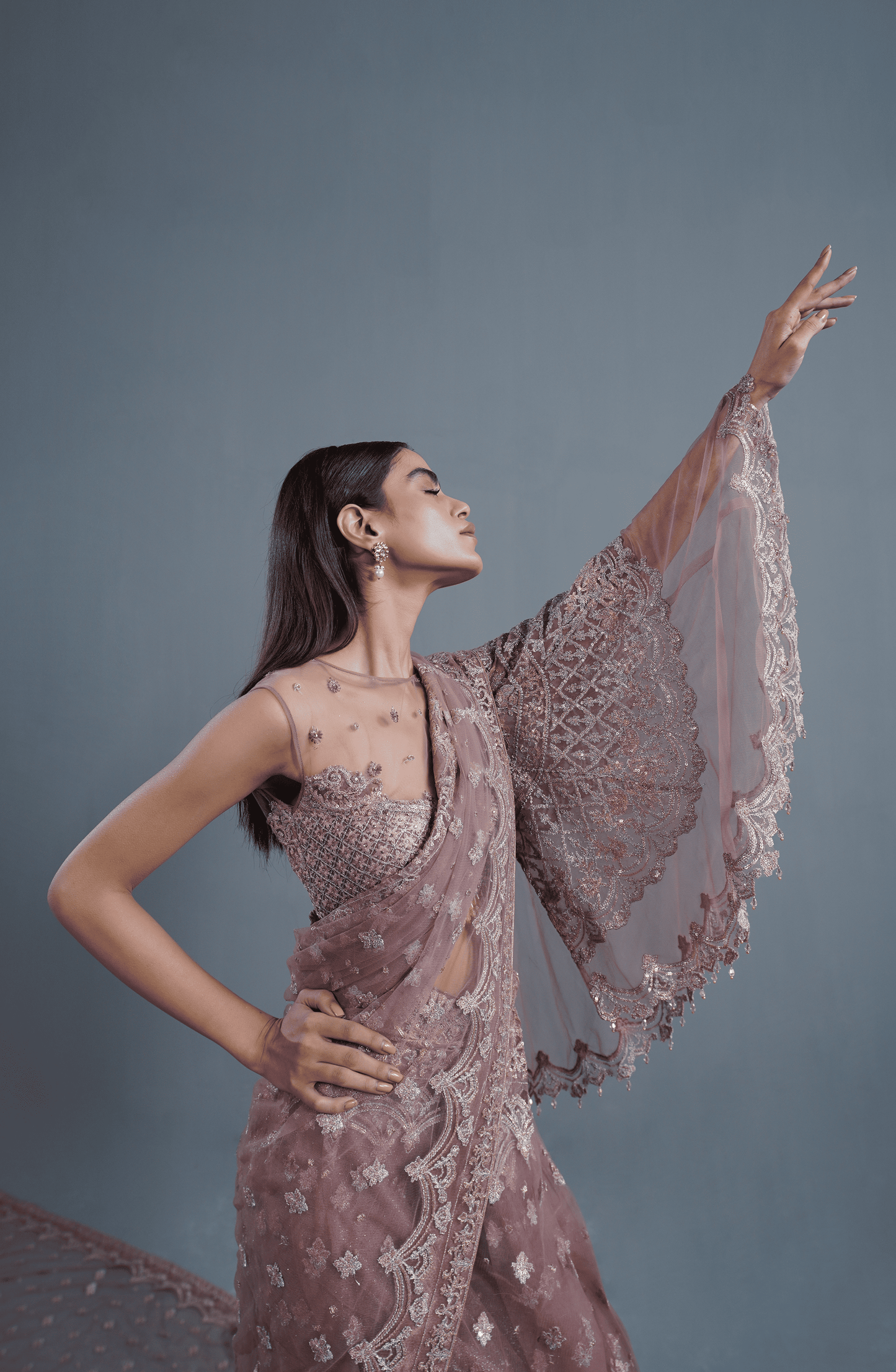 Dusty Rose HSY Pakistani Saree -Designer blouse paired with embroidered dusty rose saree for a chic look.