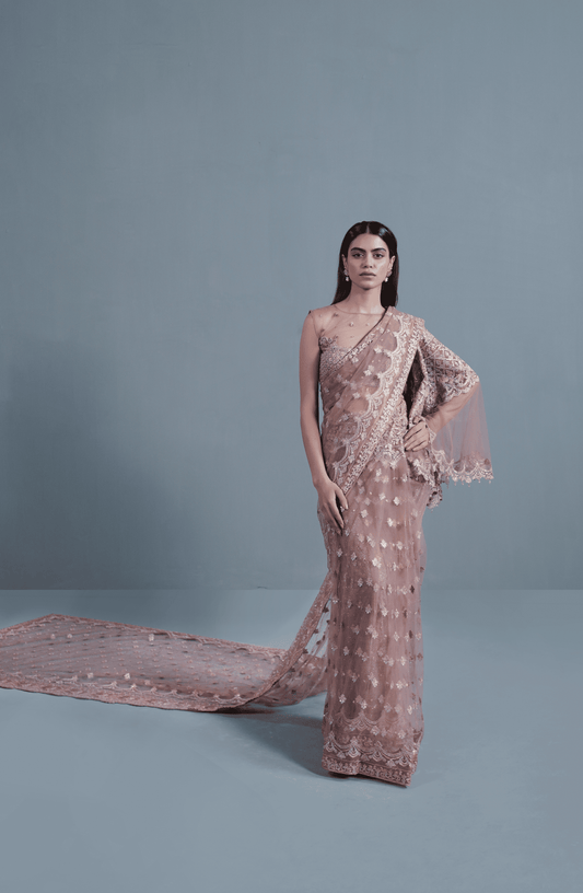 Dusty Rose - Embroidered Net Saree Outfit-Elegant dusty rose saree with delicate embroidery, showcasing the full front look.