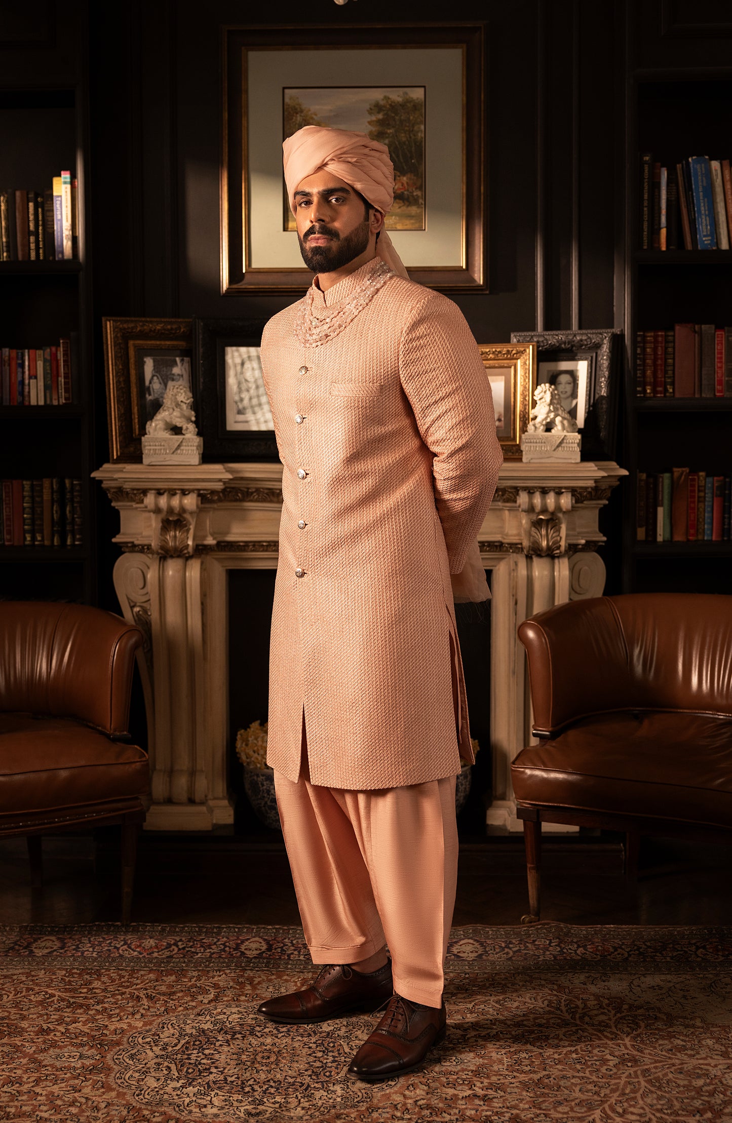 HSY Elegant Salmon Pink Sherwani in SilkComplete groom look in elegant salmon pink silk sherwani
