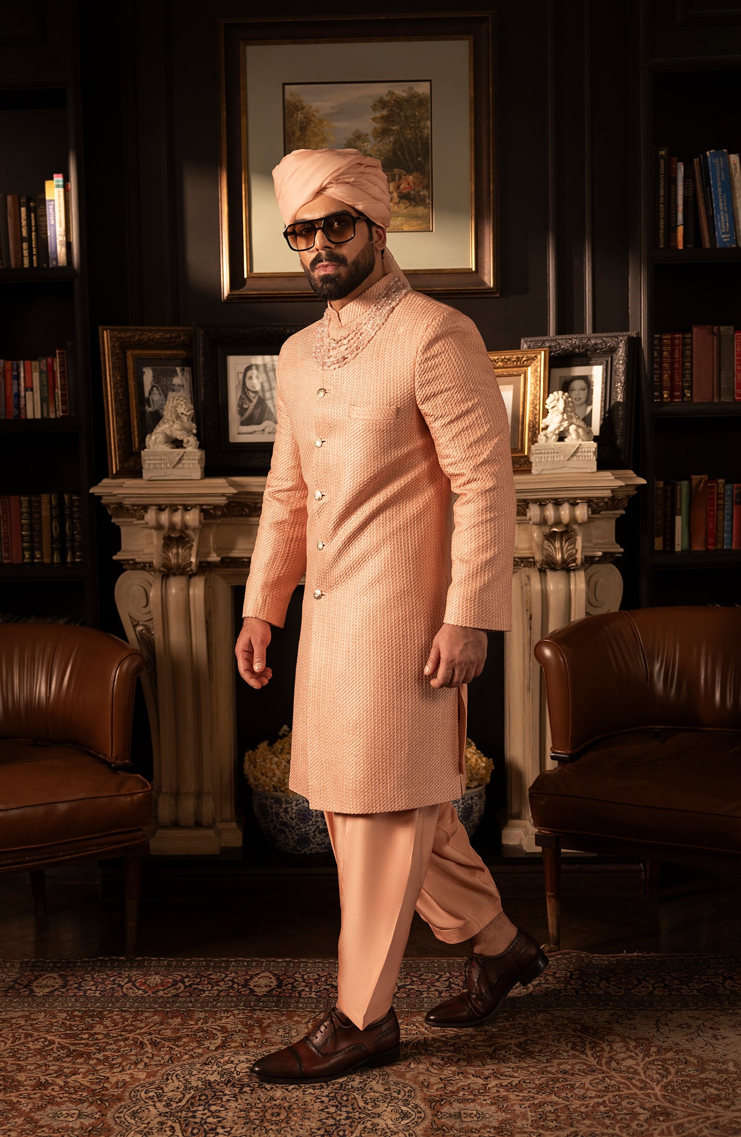 HSY Elegant Salmon Pink Sherwani in SilkSide profile of elegant salmon pink silk sherwani groom outfit