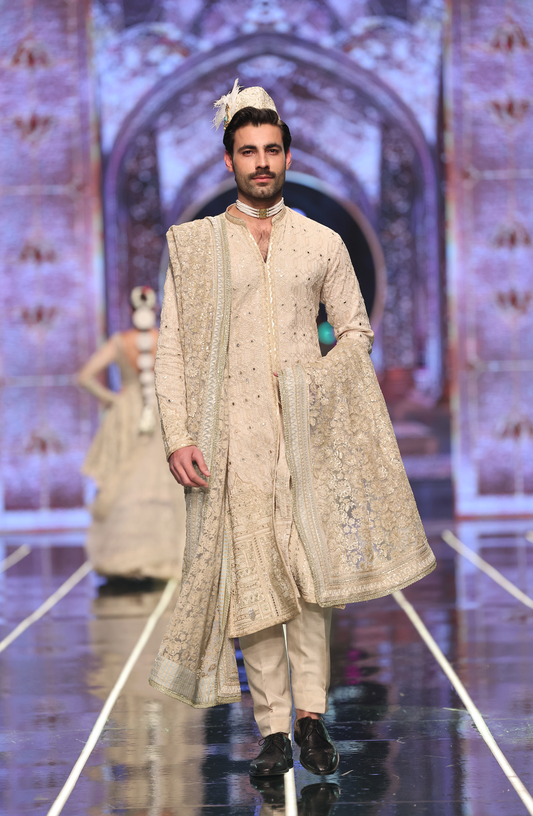 designer Anar.kali dresses for men online-Front view of embroidered silk anarkali with straight pants
