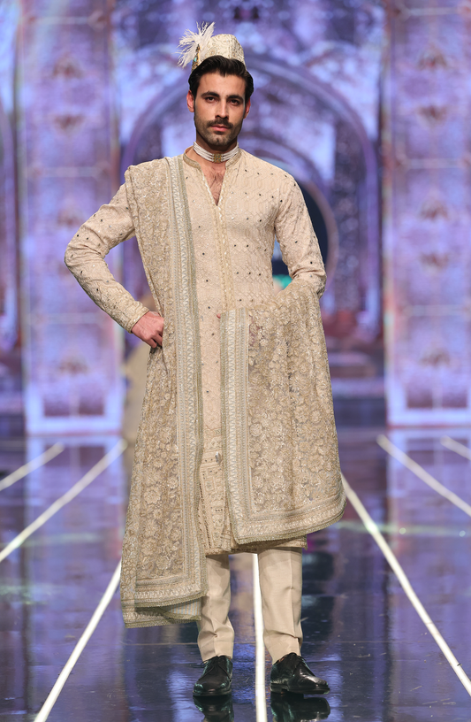 pakistani designer Anarkali dresses for men online-Side profile of elegant embroidered silk anarkali with pants