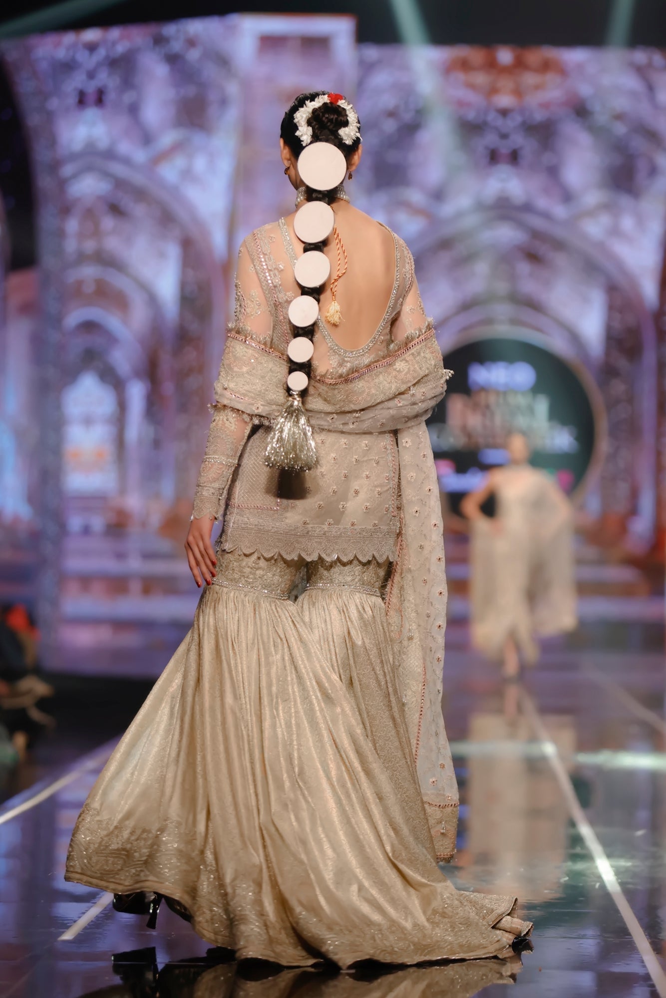 HSY Fitted Net Shirt With Jamawar GhararaBack design of fitted net shirt paired with jamawar gharara