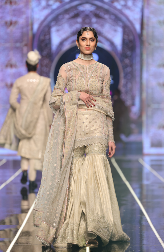 HSY Fitted Net Shirt With Jamawar Gharara-Front view of fitted net shirt with jamawar gharara set