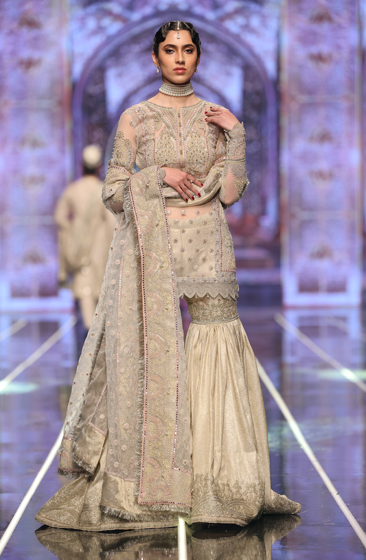 HSY Fitted Net Shirt With Jamawar Gharara-Full festive outfit view of fitted net shirt with jamawar gharara