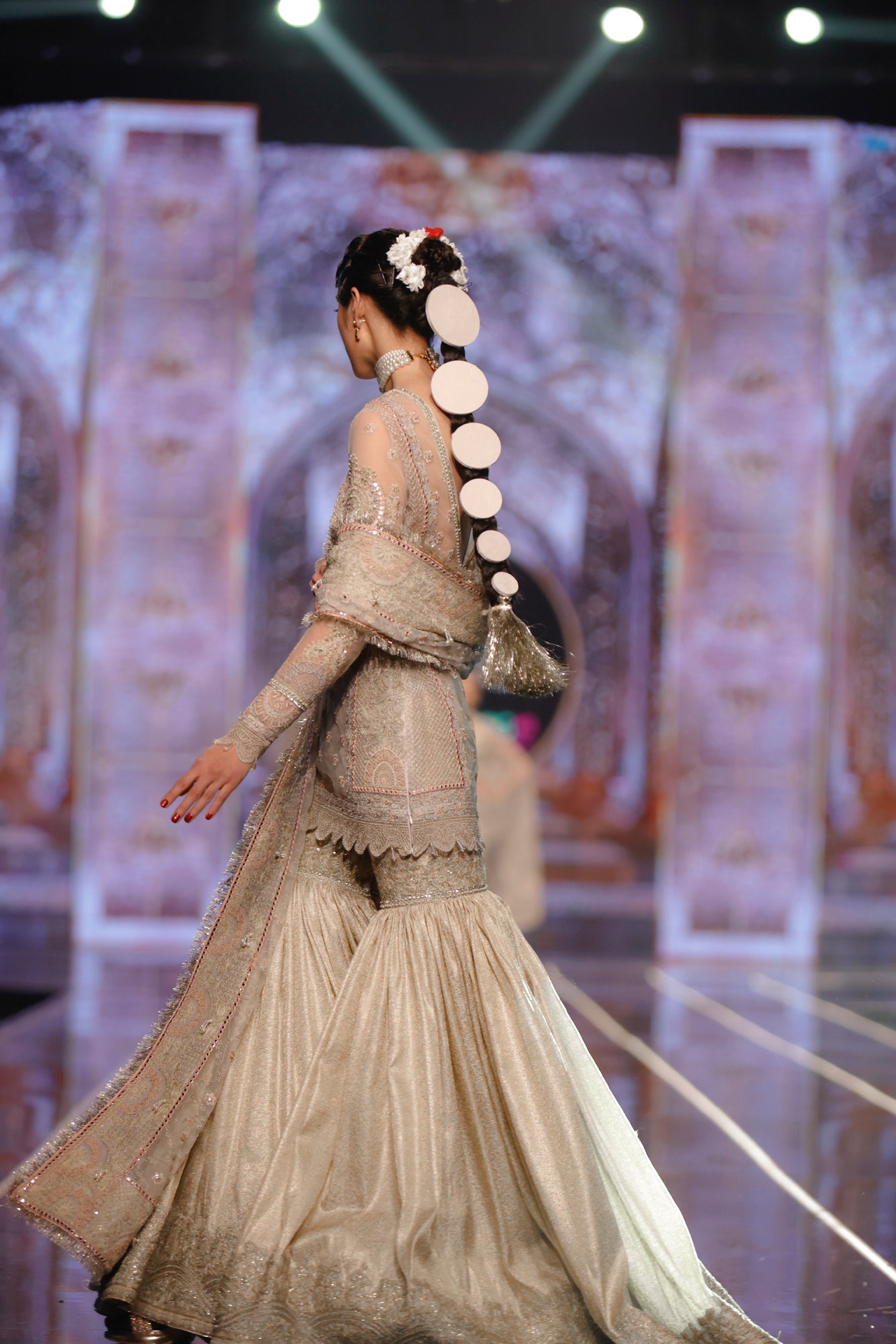 HSY Fitted Net Shirt With Jamawar Gharara-Side profile of elegant fitted net shirt with jamawar gharara
