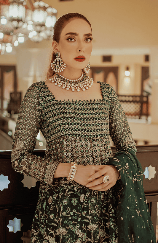 Pakistani Designers Luxury Wedding Formals by HSY-Closeup embroidery work on Hoor emerald green pishwas showcasing craft.