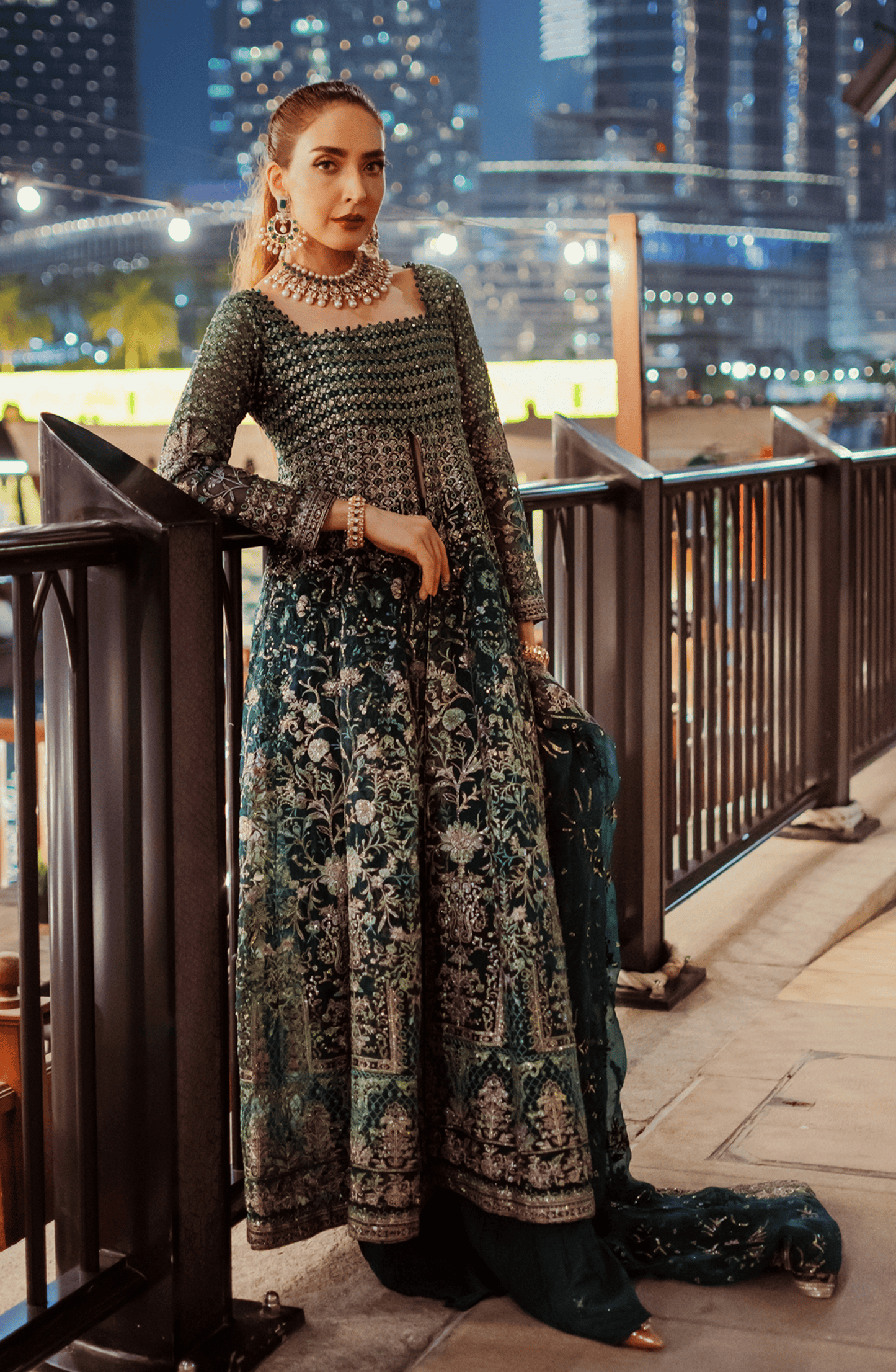 Pakistani Designers Luxury Wedding Formals by HSY-Full outfit view of Hoor emerald green pishwas styled with dupatta.