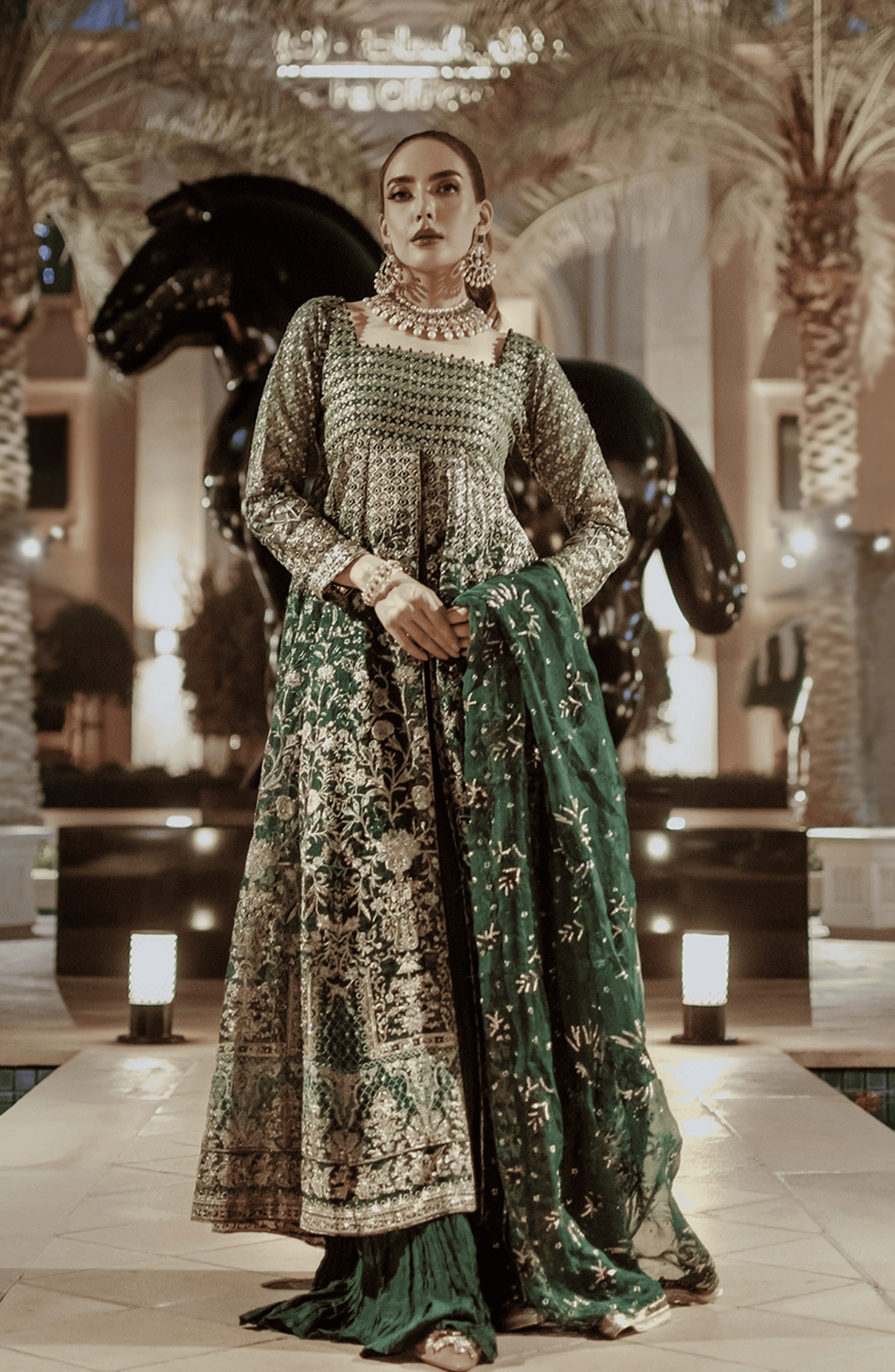 Pakistani Designers Luxury Wedding Formals by HSY-Traditional ethnic look in Hoor stunning emerald green pishwas outfit.