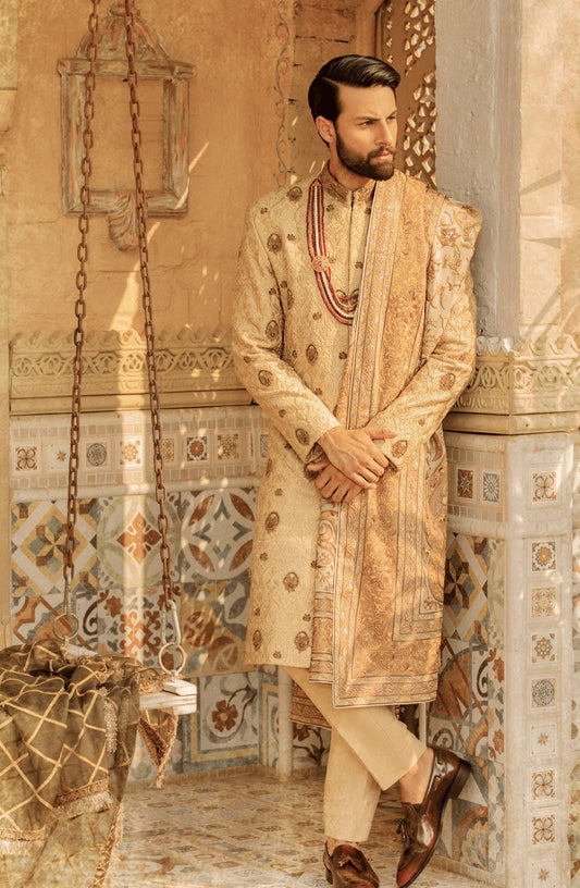 Reshvar - Traditionally Embroidered Beige Sherwani