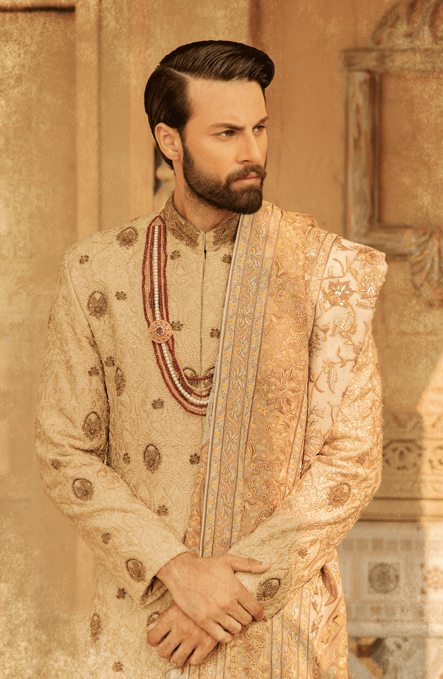 Traditionally Embroidered Beige Sherwani HSY Designer sherwani for Groom