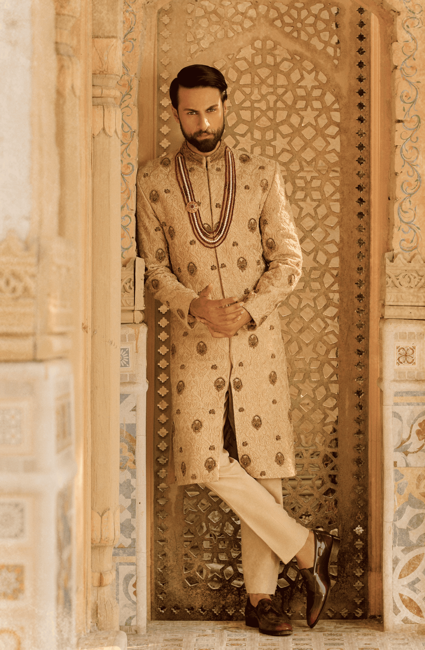 Traditionally Embroidered Beige Sherwani HSY Designer sherwani for Groom
