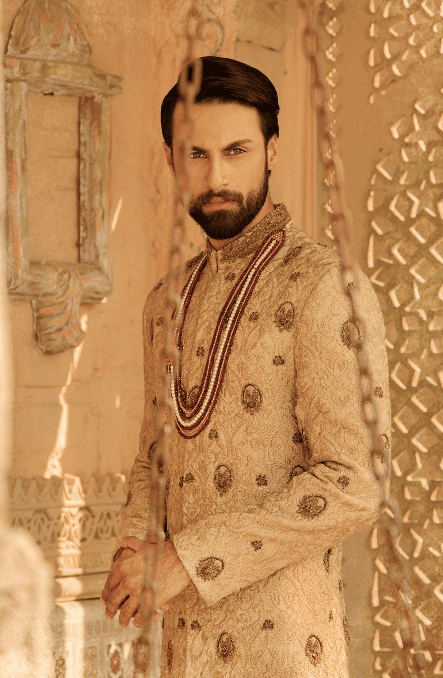 Traditionally Embroidered Beige Sherwani HSY Designer sherwani for Groom