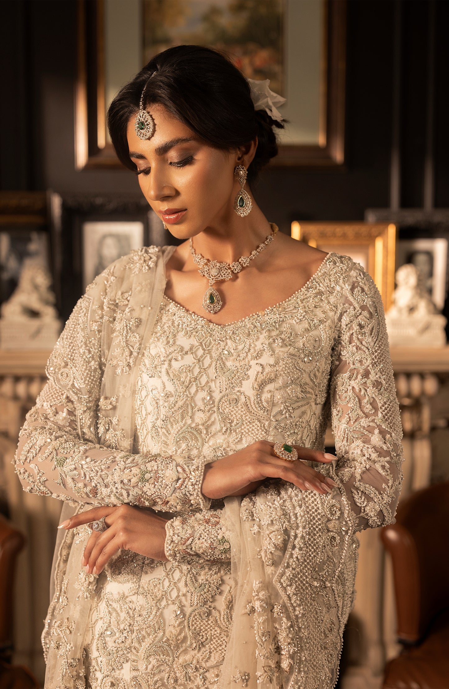 HSY Ivory White Bridal Gown-Closeup of embroidery detail on ivory white bridal gown