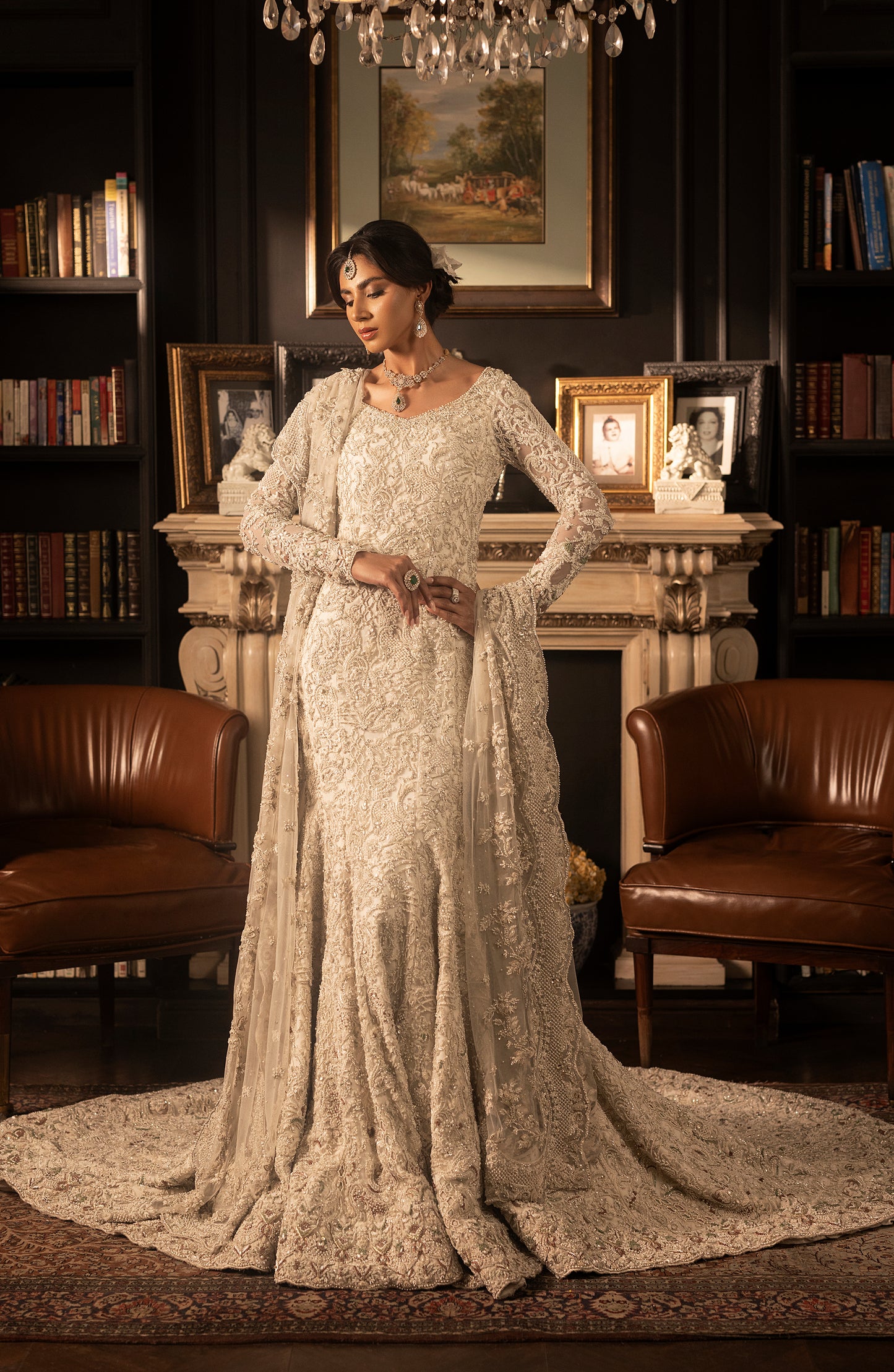 HSY Ivory White Bridal Gown-Full bridal outfit view of ivory white wedding gown