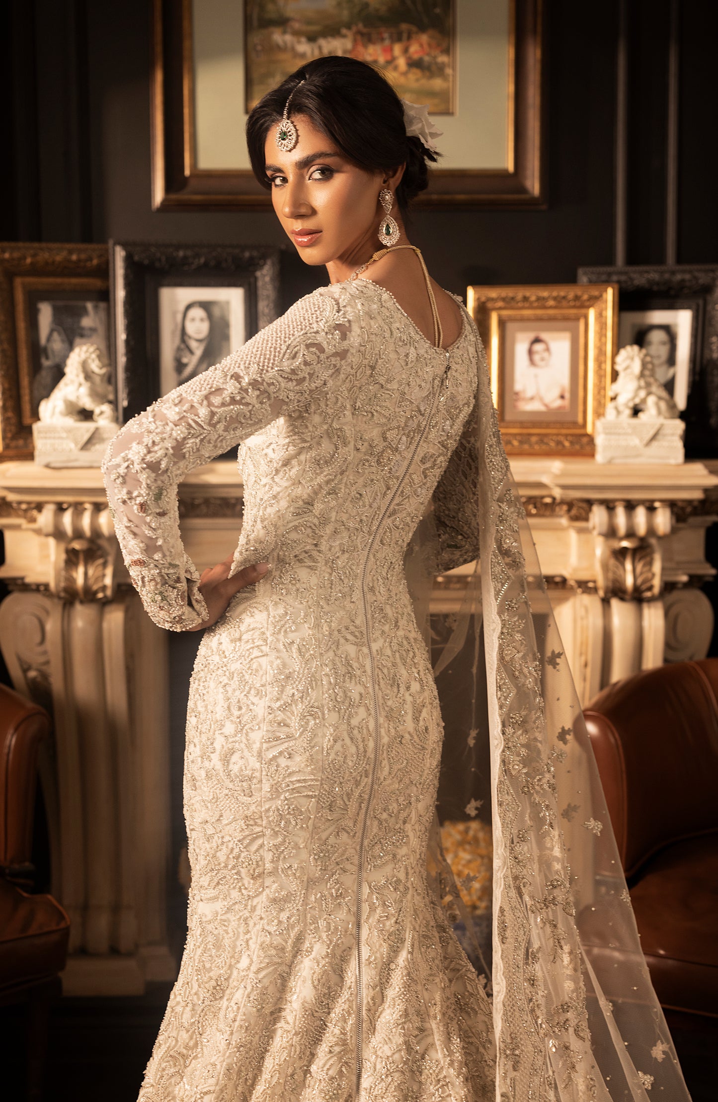 HSY Ivory White Bridal Gown-Back view of model in ivory white wedding bridal gown