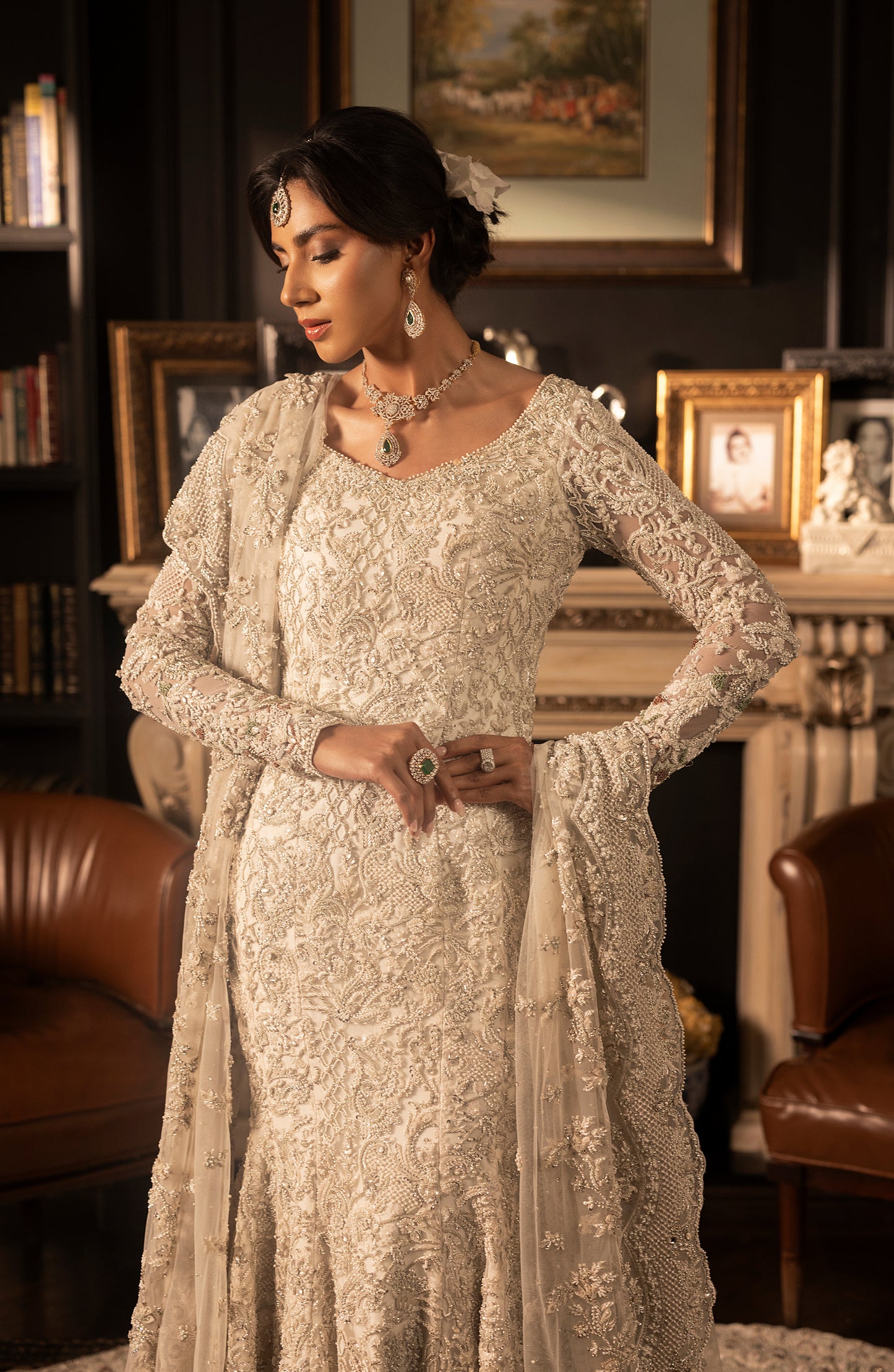 HSY Ivory White Bridal Gown-Side profile of ivory white bridal gown with flowing silhouette