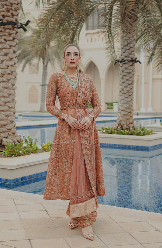 Jahan Ara - Ensemble in Coral Pink-Elegant Jahan Ara ensemble in coral pink with embroidered front design.