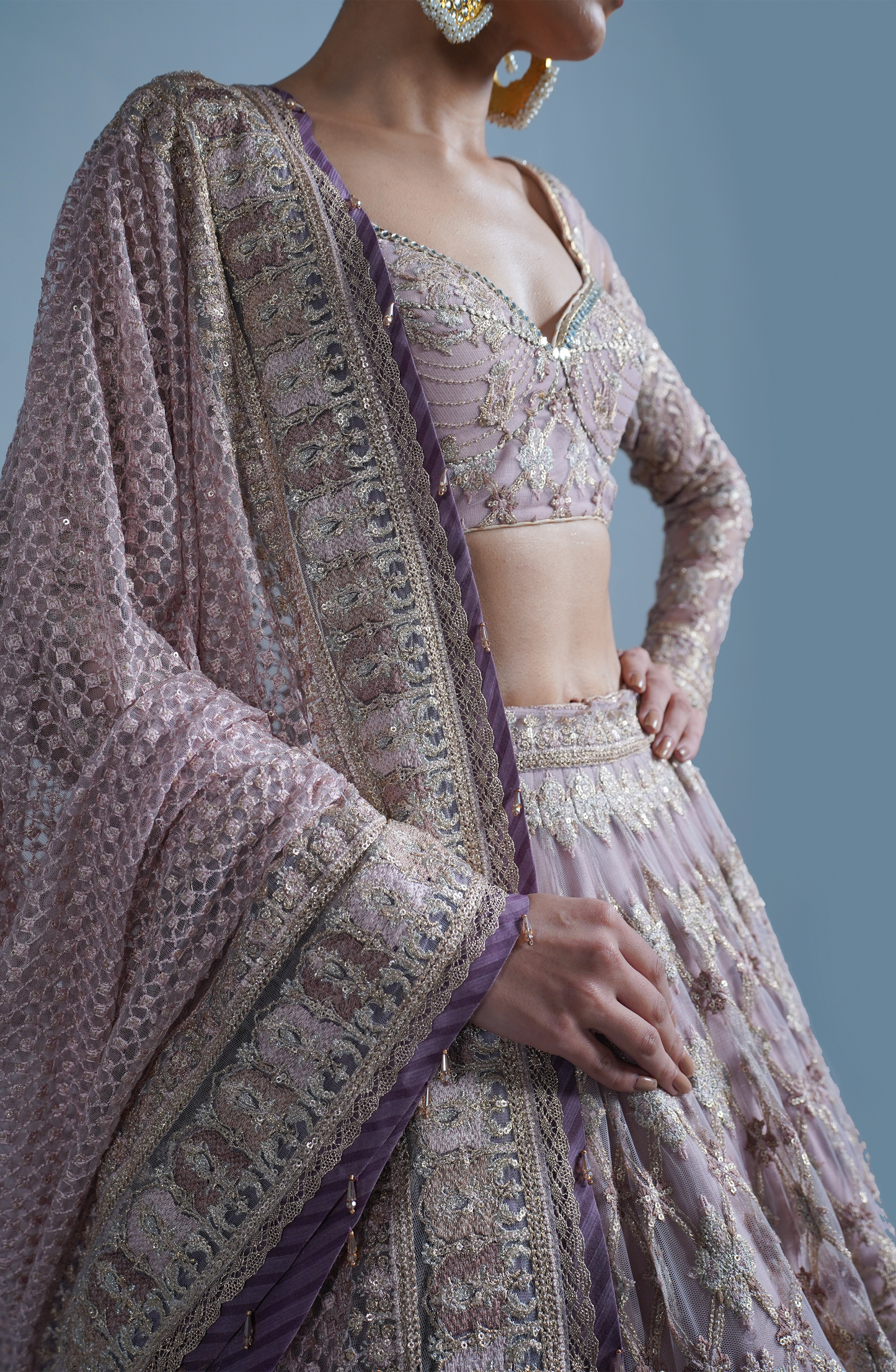 HSY Trousseau luxury Lehenga Choli in USA-Designer blouse from lavender haze lehenga featuring intricate embroidery.