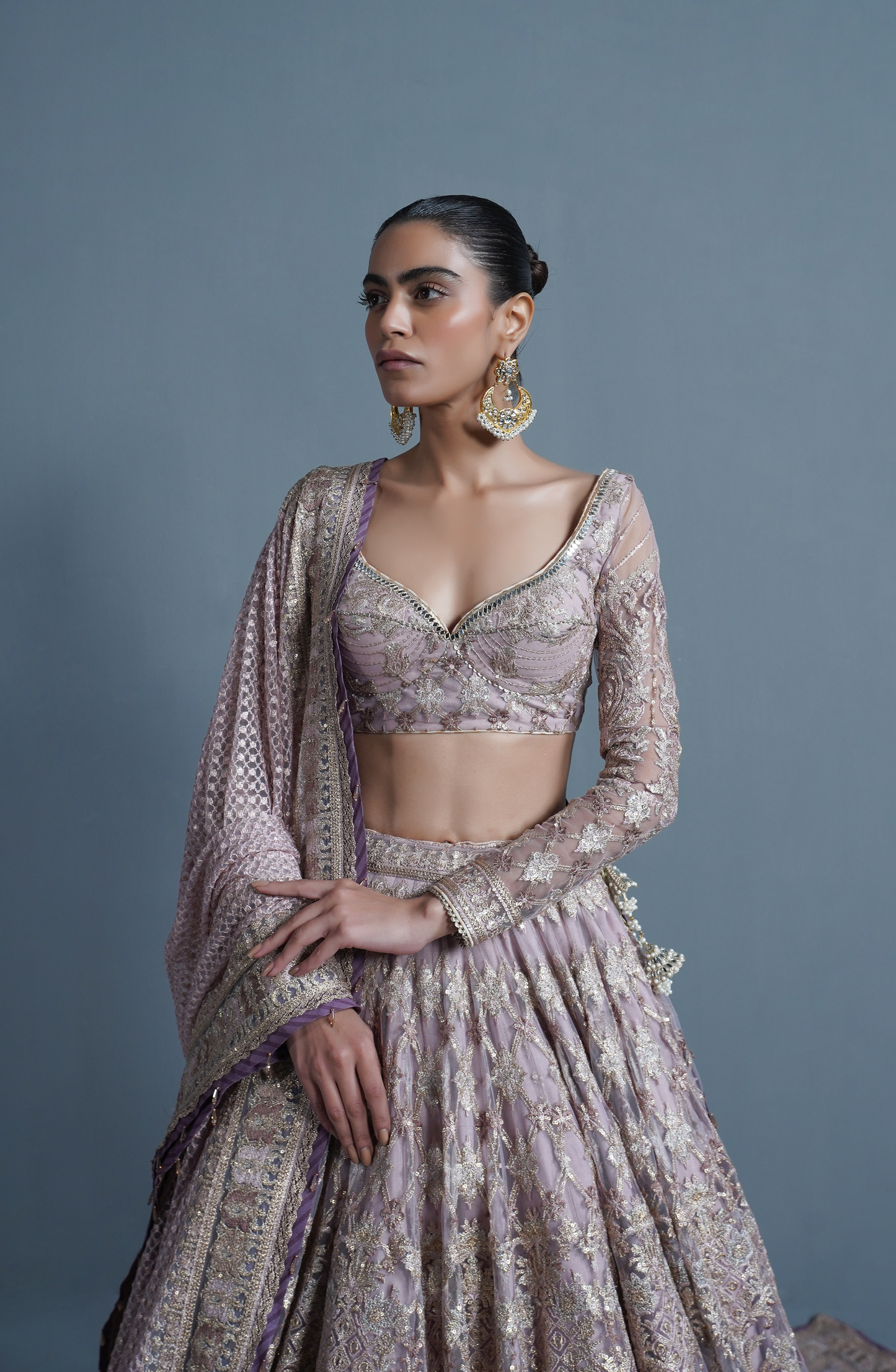 HSY Trousseau luxury Lehenga Choli in USA-Closeup embroidery detail on lavender haze lehenga showcasing fine craftsmanship.