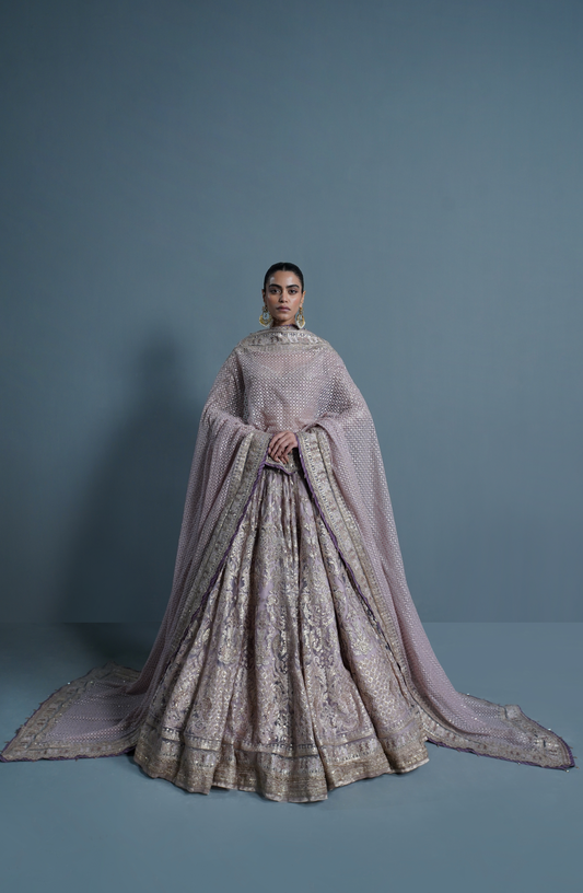 Lavender Haze - Stunning Embroidered Lehenga-Elegant lavender embroidered lehenga showcasing full front design.