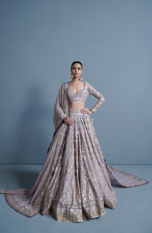 HSY Trousseau luxury Lehenga Choli in USA-Complete outfit view of stunning lavender embroidered lehenga with dupatta.