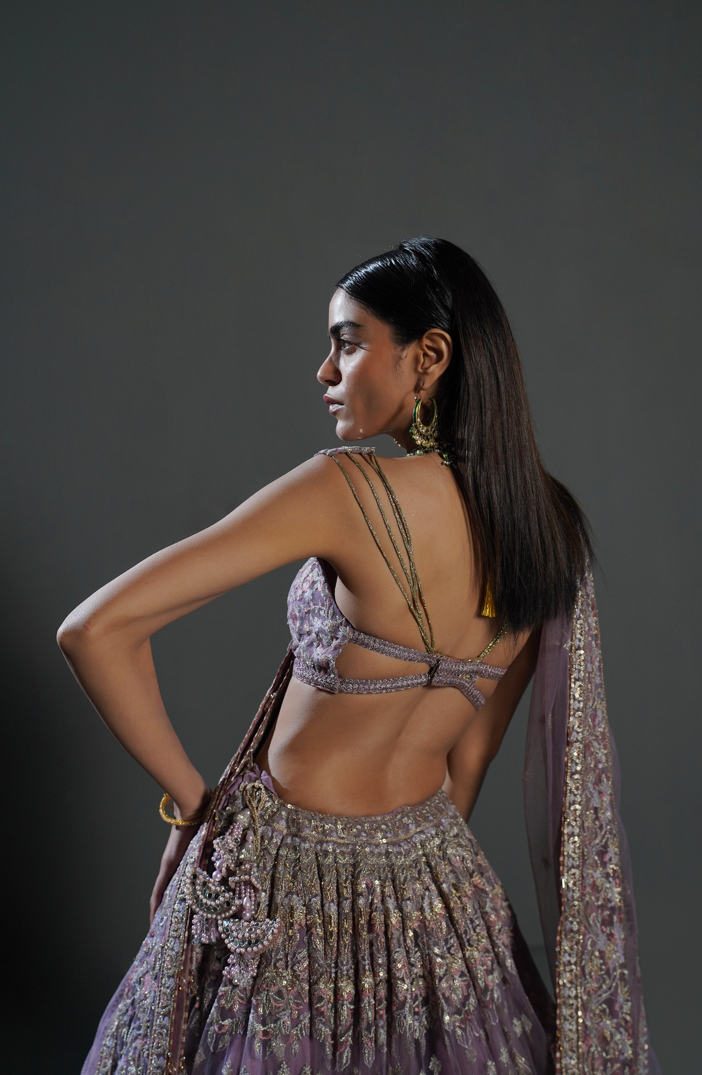 Lehenga choli for women USA-Detailed craftsmanship and handwork showcased on lilac breeze lehenga choli.