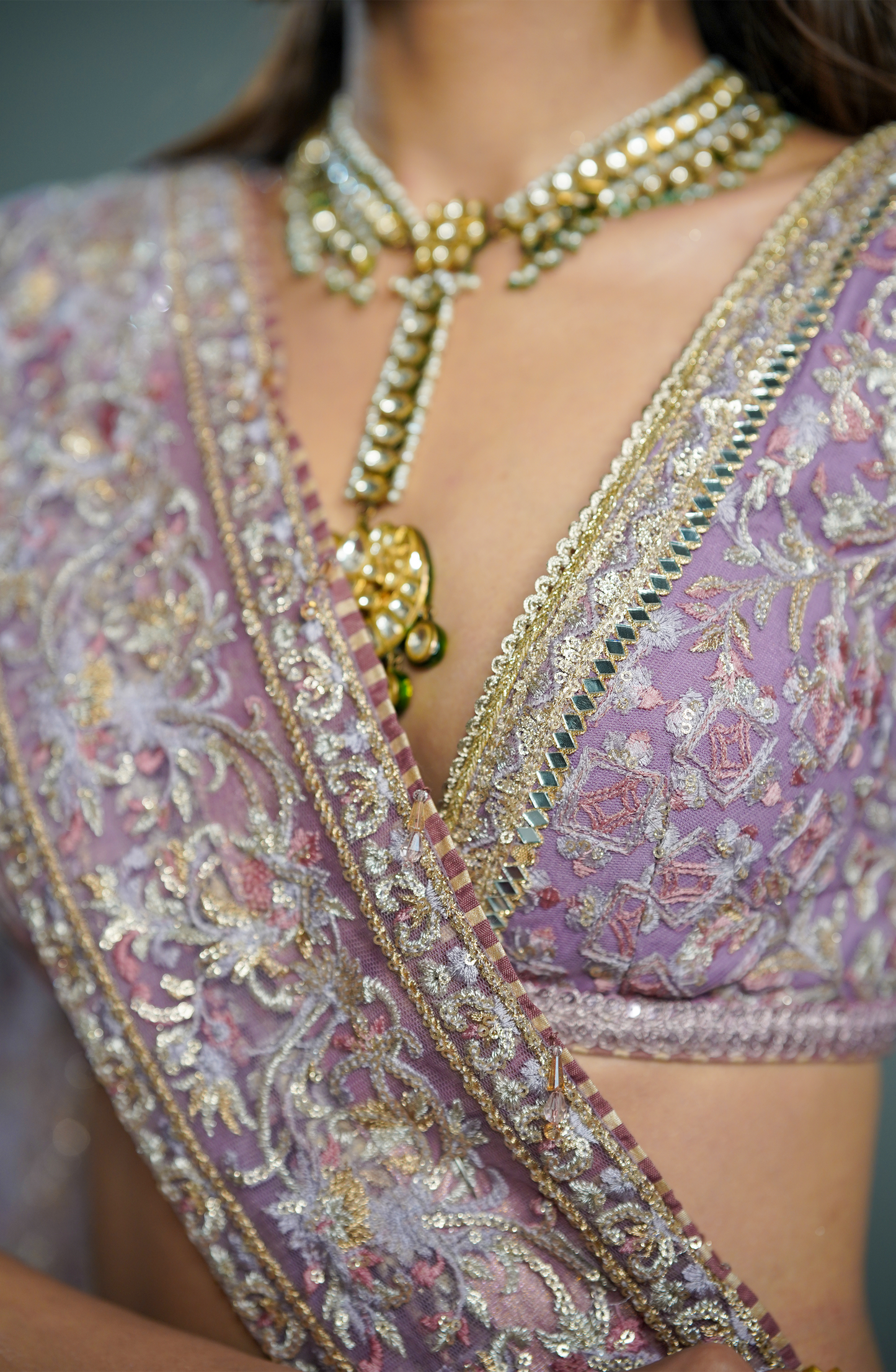 Lehenga choli for women USA-Detailed craftsmanship and handwork showcased on lilac breeze lehenga choli.