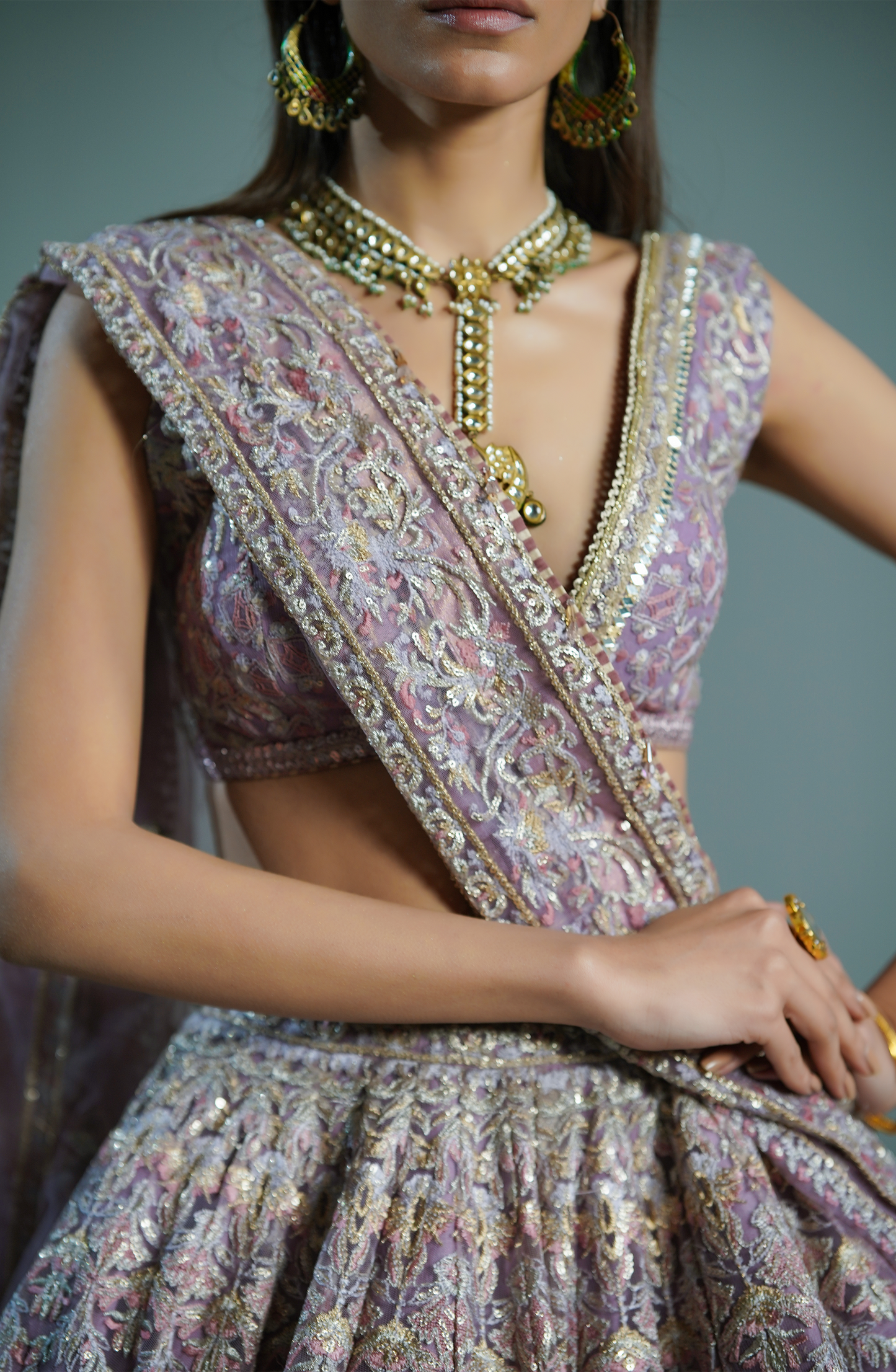 Lehenga choli for women USA-Draped dupatta style completing the lilac breeze lehenga choli look.