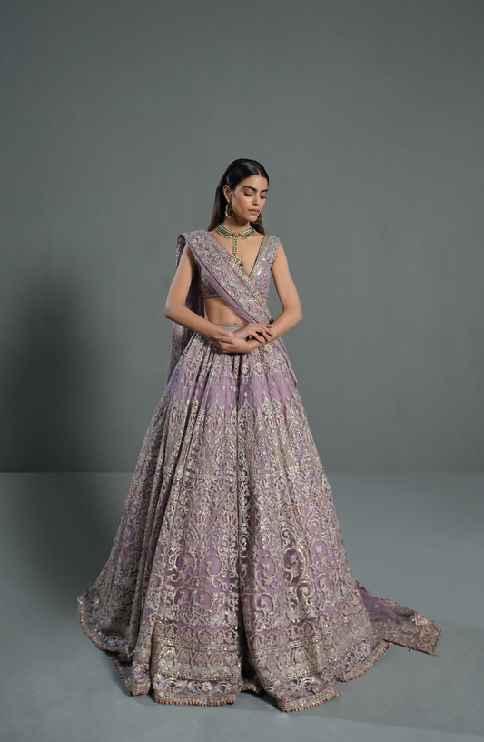 Lilac Breeze - Lehenga Choli Ensemble-Elegant lilac lehenga choli ensemble with delicate embroidery, front view.