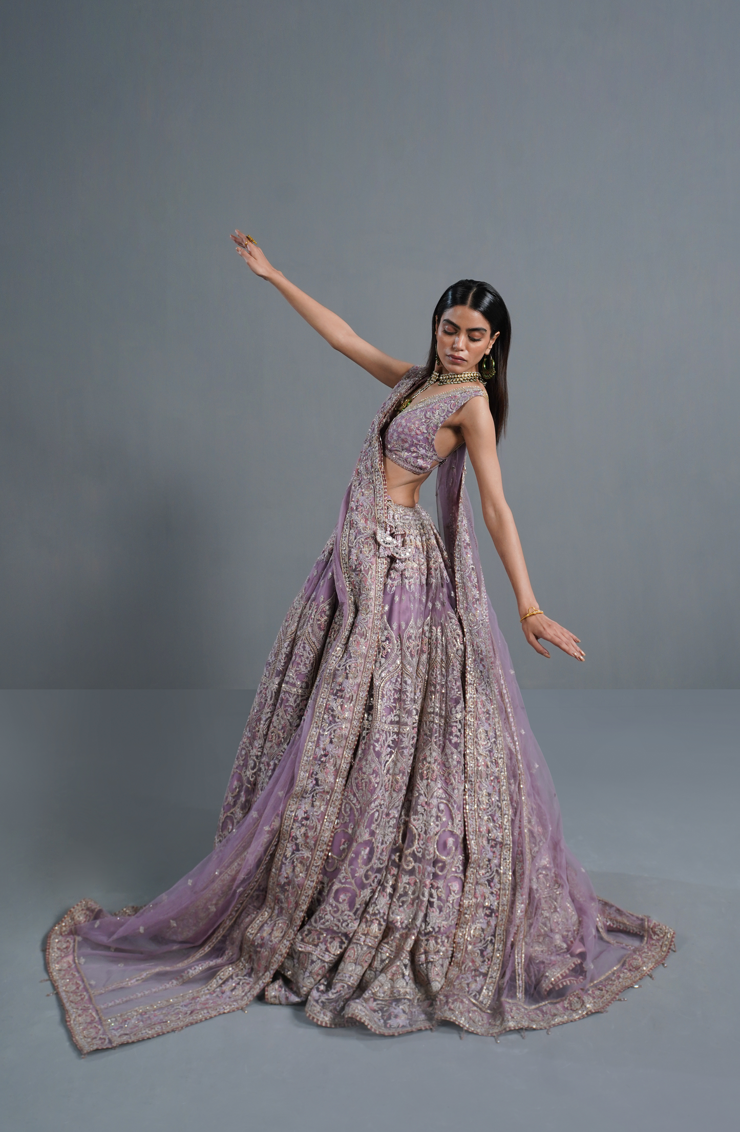 Lehenga choli for women USA-Wide flare skirt design of lilac lehenga with embroidered borders