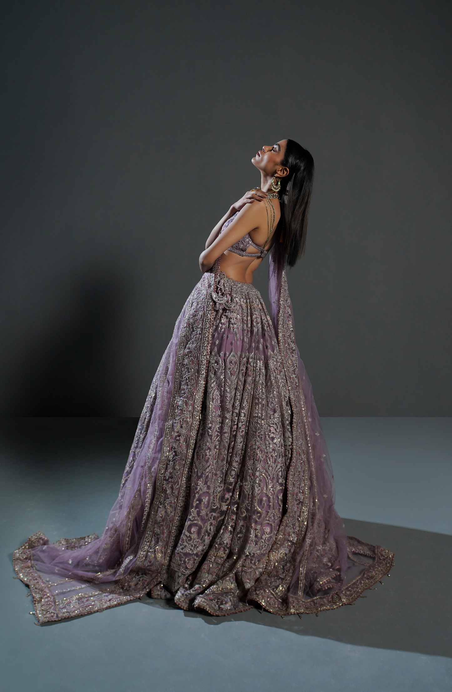 Lehenga choli for women USA-Traditional ethnic look styled in lilac lehenga choli ensemble for weddings.