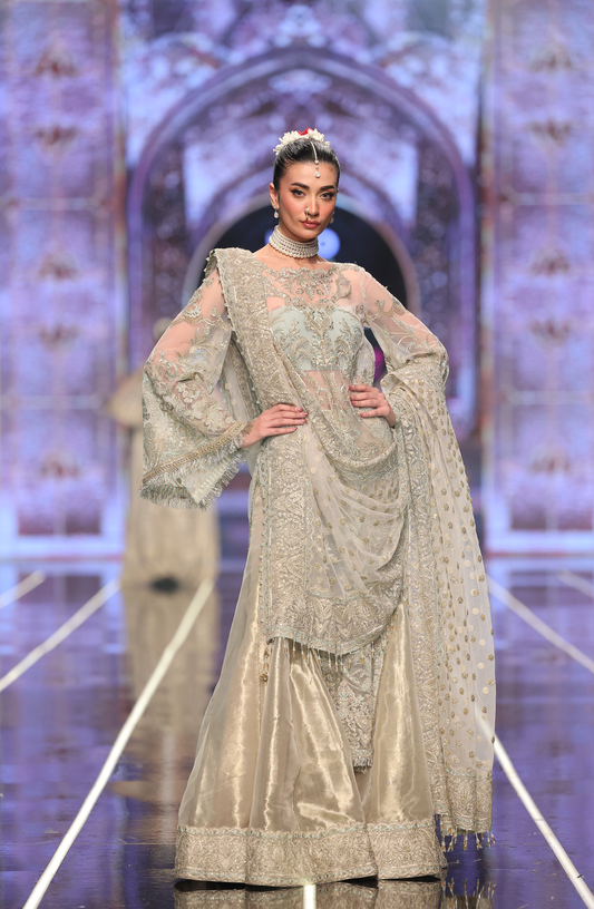 Pakistani bridal sharara by top designer HSY -Front view of long net shirt with tissue sharara set