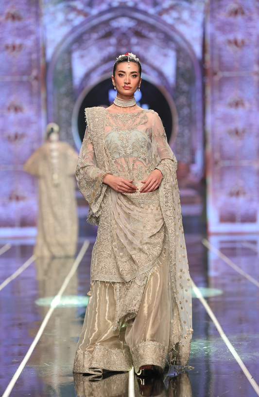 Pakistani bridal sharara dress by top designer HSY -Full festive outfit view of long net shirt with tissue sharara