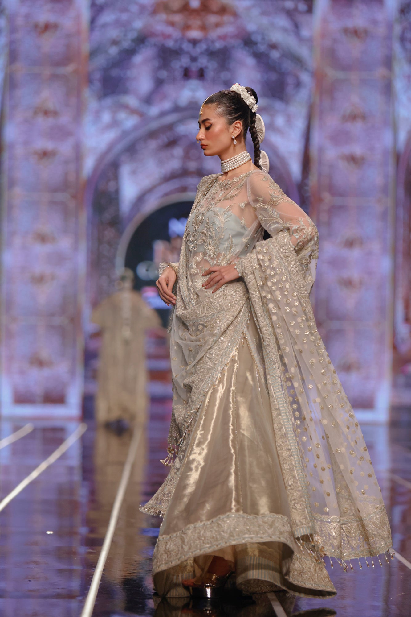 Pakistani bridal sharara online by top designer HSY -Side profile of long net shirt and tissue sharara outfit