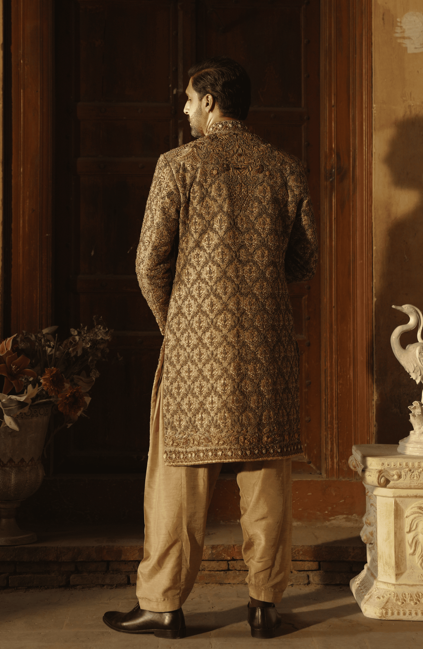 HSY | groom wear for barat-Back design of Meer Korean silk sherwani in refined mushroom hue.