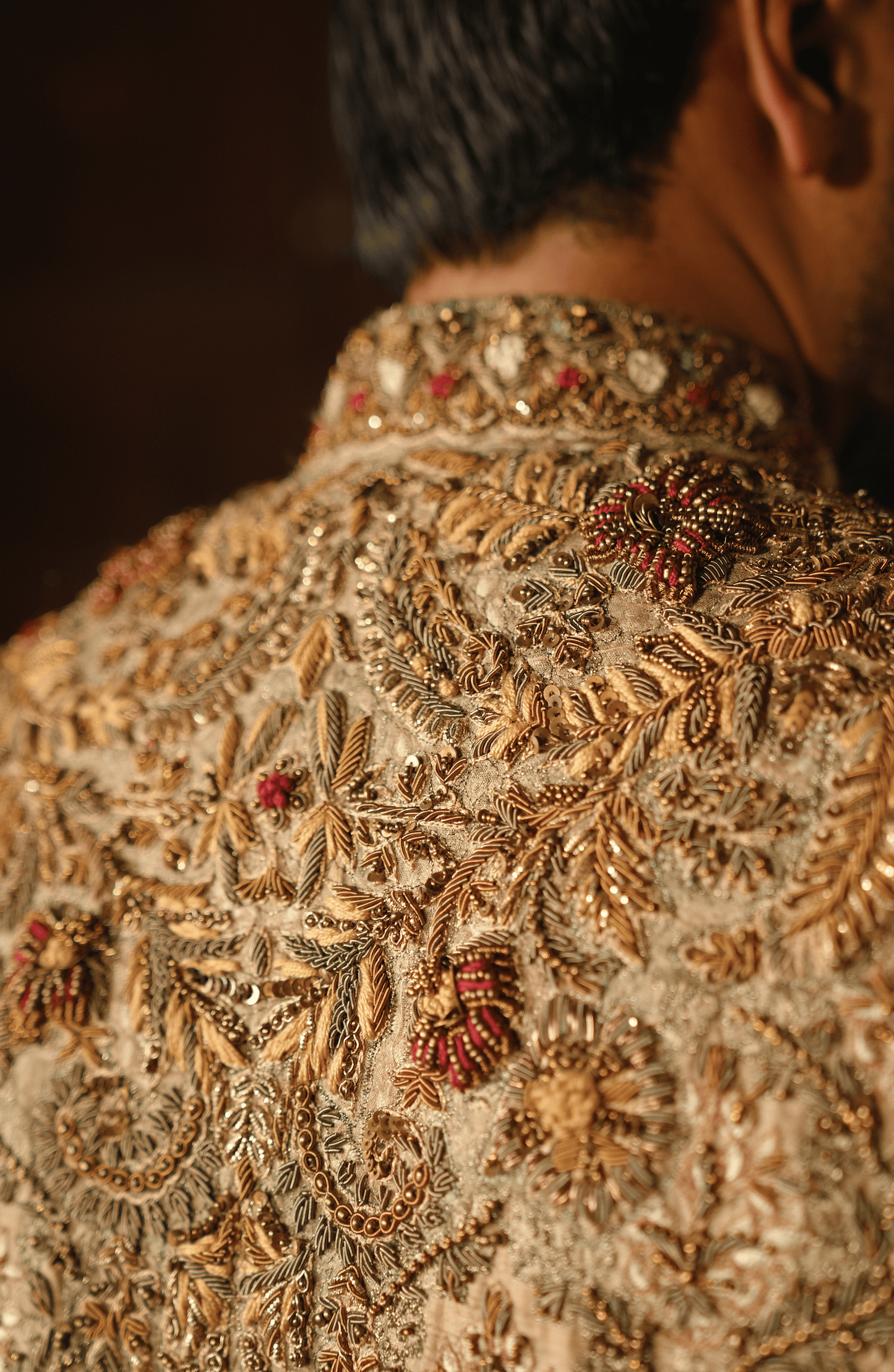 HSY | groom wear for barat-Closeup embroidery work on Meer elegant Korean silk sherwani.
