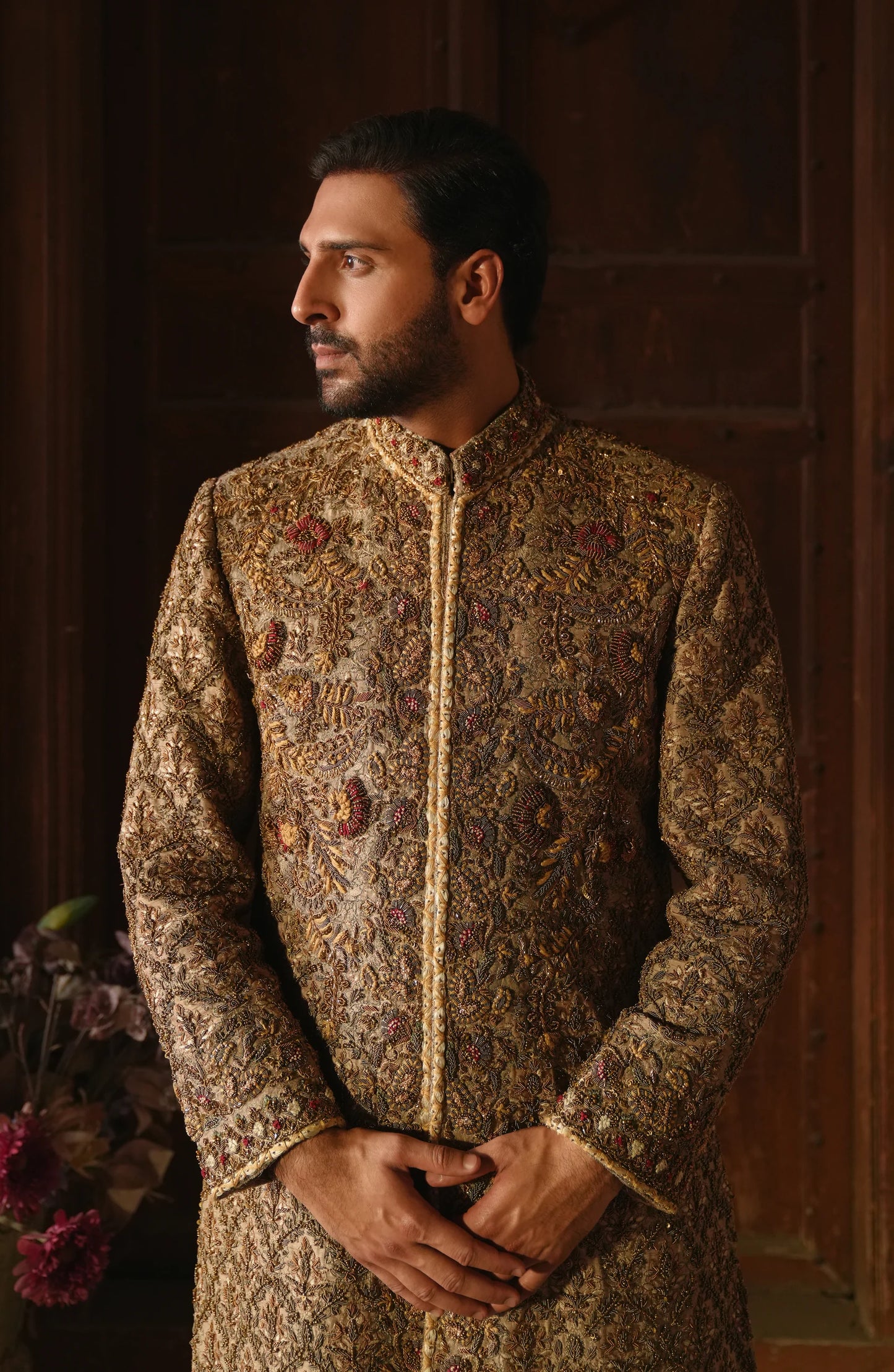 HSY Luxury Pakistani designer sherwani for wedding in USA-Elegant Meer Korean silk sherwani in mushroom hue with embroidery, front view.
