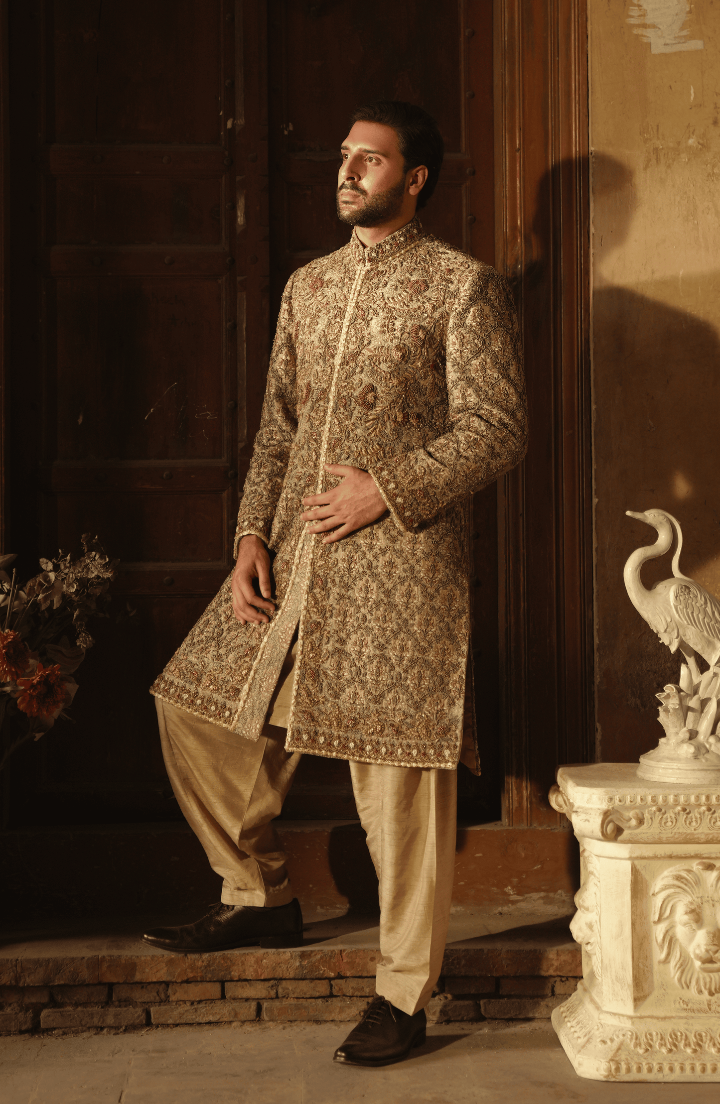 HSY | groom wear for barat-Full outfit view of Meer elegant Korean silk sherwani for men