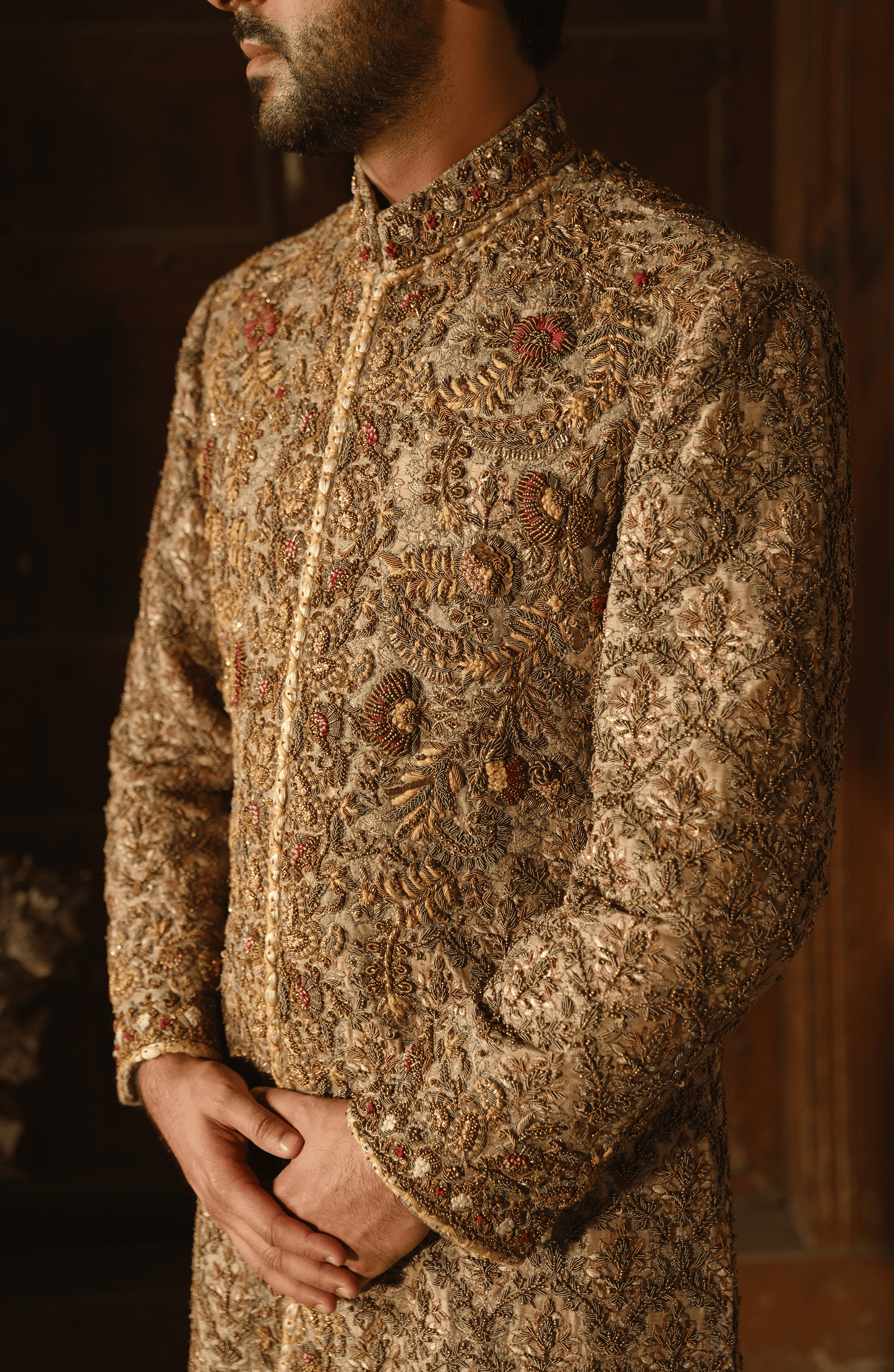 HSY | groom wear for barat-Neckline embroidery detail of Meer Korean silk sherwani outfit.