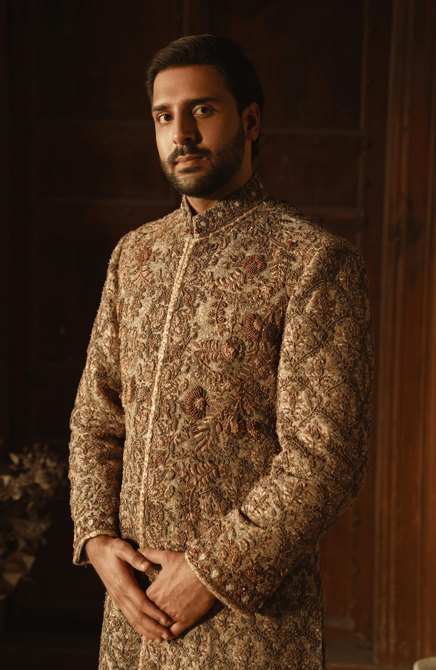 Traditional ethnic look in Meer mushroom hue Korean silk sherwani.
