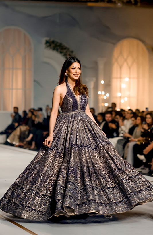 Mehwish Hayat - Royal Purple Gown Set-Front view of Mehwish Hayat inspired royal purple gown set