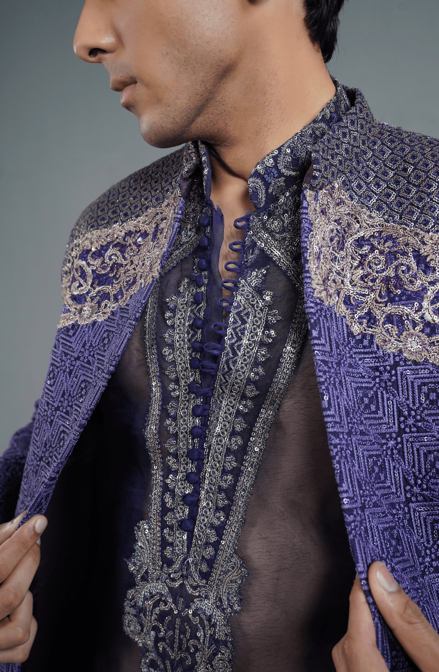 Men’s sherwani in regal and modern styles-Closeup detail of Midnight Purple silk sherwani embroidery