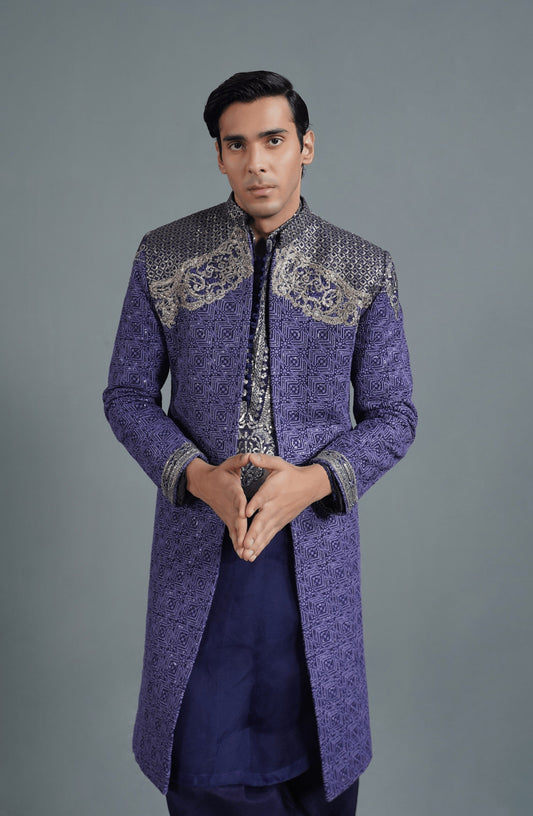 Midnight Purple - Silk Sherwani Set-Front view of Midnight Purple silk sherwani set for grooms