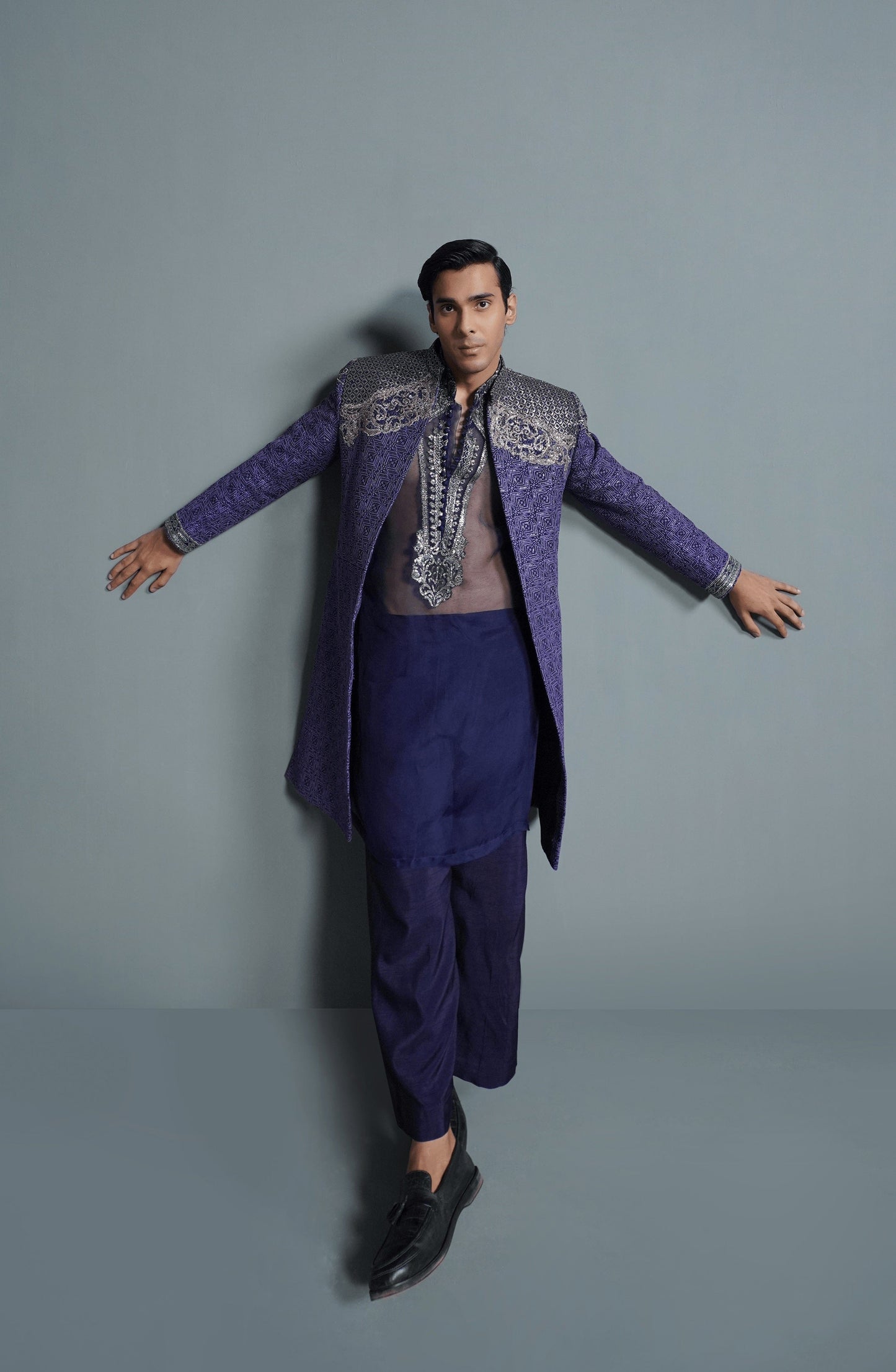 Royal designer sherwanis for formal events-Groom look in Midnight Purple silk sherwani traditional attire