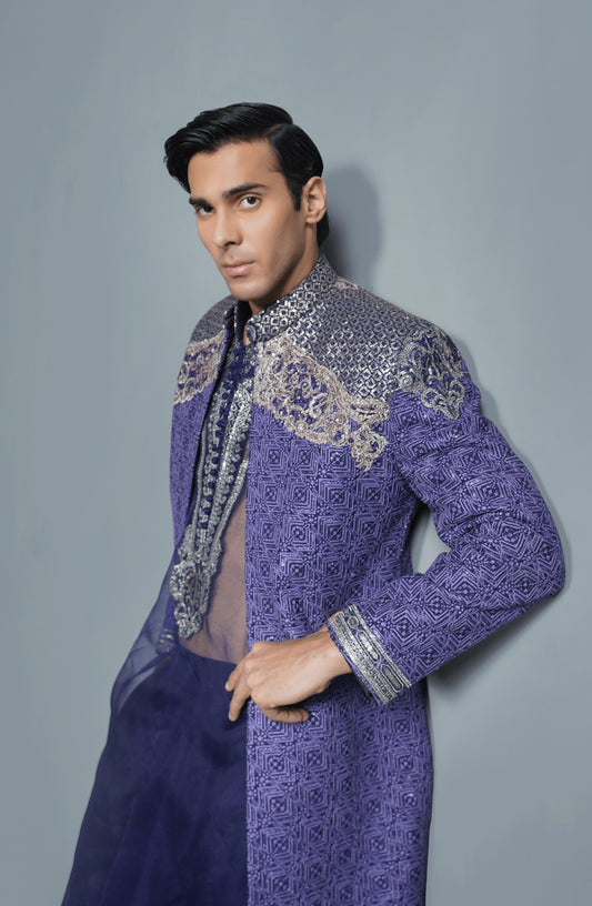 Stylish sherwanis for men by Trousseau HSY-Side profile of Midnight Purple traditional silk sherwani set