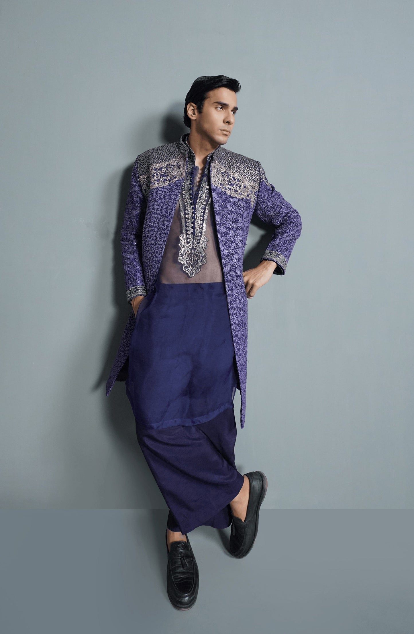 Designer sherwani for men online in USA by Trousseau HSY-Midnight Purple silk sherwani set designed for festive and wedding occasions